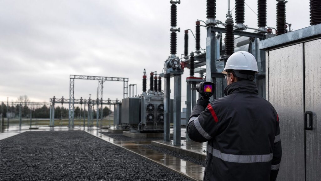 Ingeniero inspeccionando con cámara termográfica una subestación después de lluvias